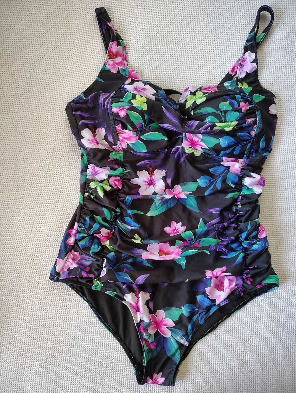 AQUA EVE Black Floral One-Piece Swimsuit - Pink & Green Flower Print Size 18W.